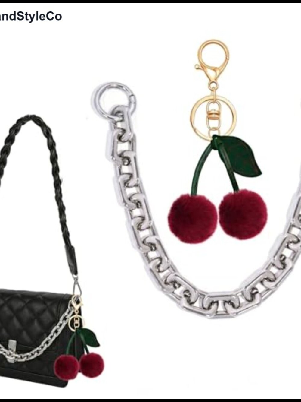 Chunky Gold Chain Purse Strap Plush Cherry Charm 13.8" Bag Accessory